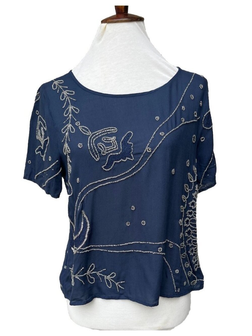 Patterson J Kincaid Eastman Tee Navy Blue Beaded Top PT560589JK Women Blouse XS